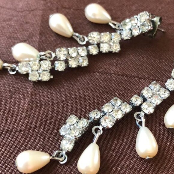 Faux Pearl (Cream) and Sparkly Rhinestone Drop Earrings, w/Silver-Tone backing - Picture 2 of 4